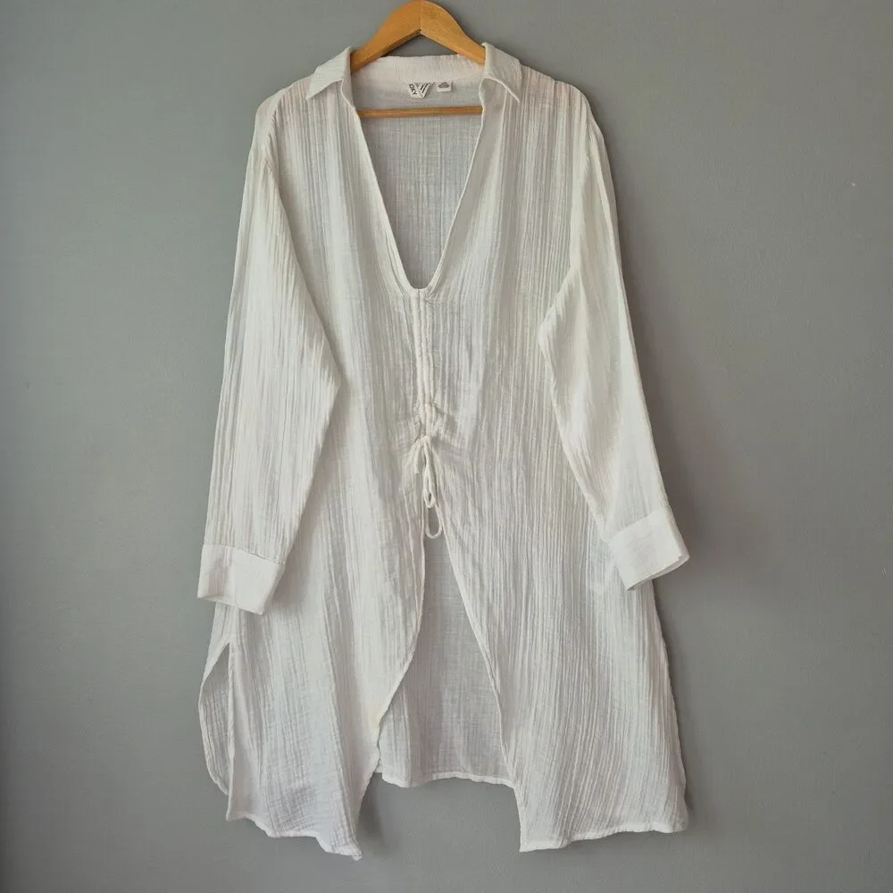 Roxy White 100% Cotton Long Sleeve V Neck Ruched Slit Beach Cover Up Womens LRG